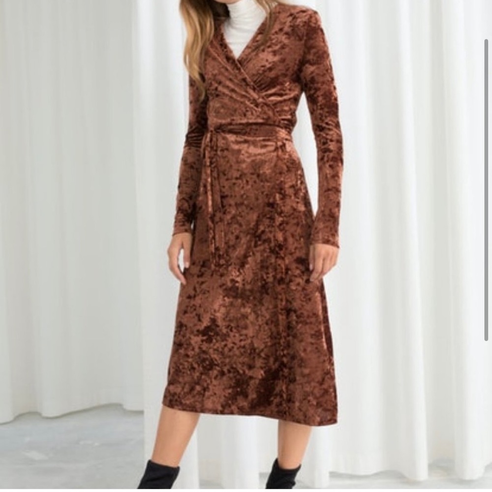 & Other Stories Crushed Velvet Bronze Copper Midi Wrap Dress  Size 6